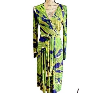 AMBIENTE Faux Wrap Midi Dress SZ 8 Abstract Green Print Belted Long Sleeves